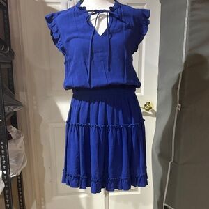 VOY NWOT Sz S Cobalt Blue Ruffle Dress w/ ruffle cap sleeves and elastic waist